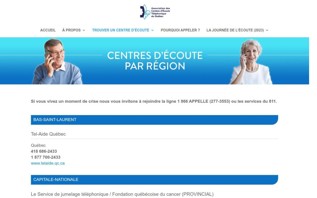 List of listening services & hotlines by region of Quebec